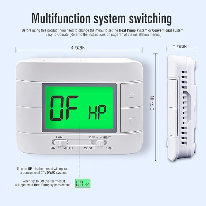 Garystat Non-Programmable Heat Pump Thermostat for House 2 Heat/1 Cool, with Temperature & Humidity Monitor and Large Green LCD