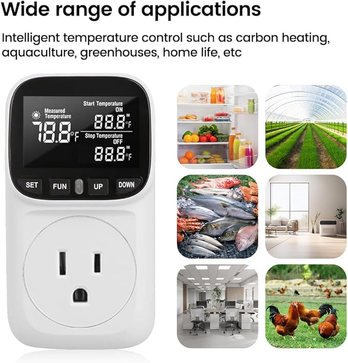 Diymore Digital Plug in Thermostat Outlet Temperature Controller Electric Digital Thermostat Heating Cooling Mode Timer Socket 120V Heating Cooling Control 110V 15A Celsius Fahrenheit Display, White