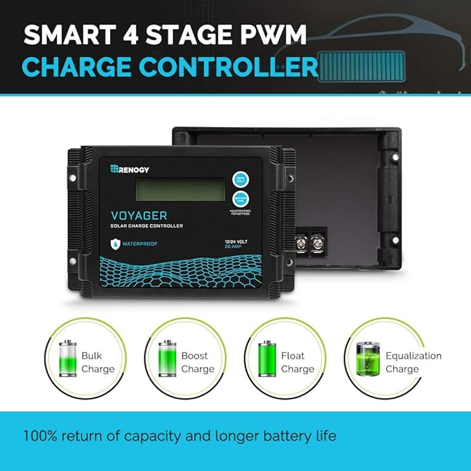 Renogy Voyager 20A 12V/24V PWM Waterproof Solar Charge Controller w/ LCD Display for AGM, Gel, Flooded and Lithium Battery, Used in RVs, Trailers, Boats, Yachts, Voyager 20A