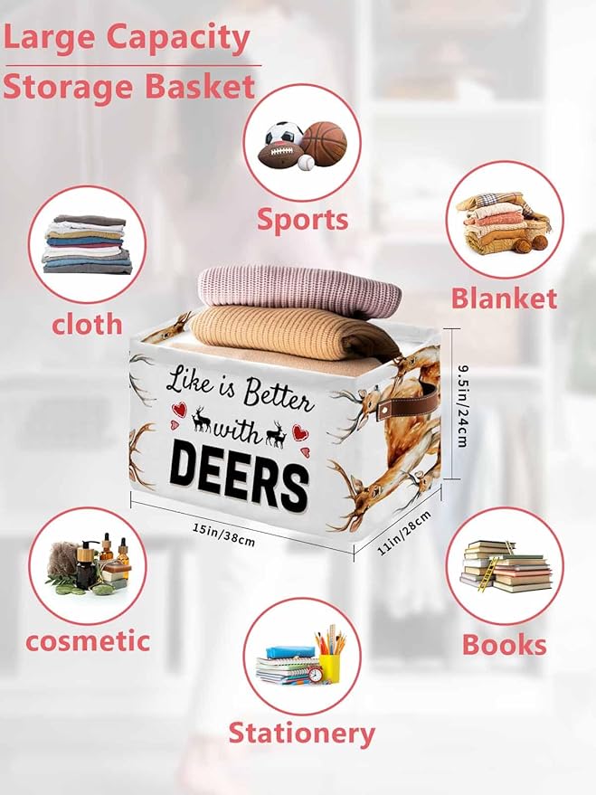 Deer Storage Bins Cubes Waterproof Cloth Storage Basket, Wildlife Animals Farmhouse Country Elk Foldable Storage Bags for Shelf Closet Clothes Storages Organizers with Handles 15x11x9.5 in 2PCS