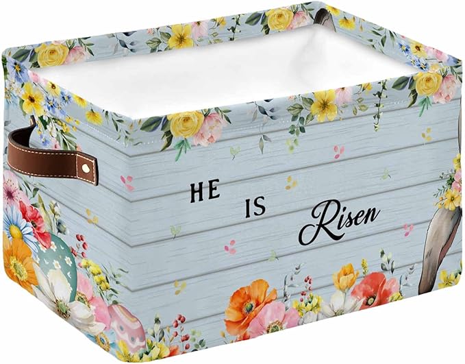 Easter Storage Bins Cubes Waterproof Cloth Storage Basket,Spring Farmhouse Bunny Flower Blue Wood Grain Foldable Storage Bags for Shelf Clothes Storages Organizers with Handles 15x11x9.5 in 1PCS