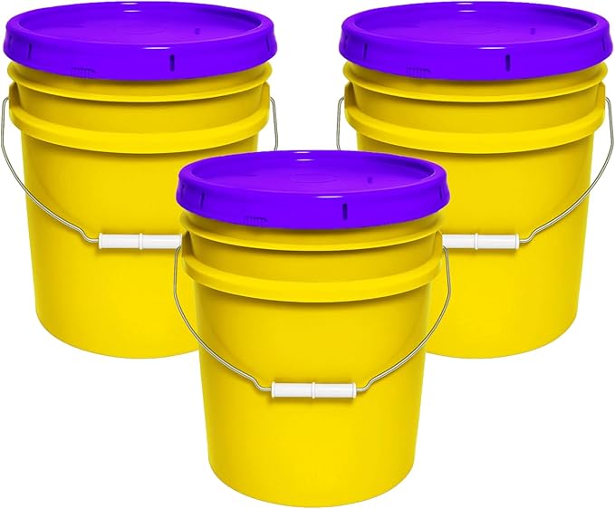 MKS Plastics 5-Gallon Bucket with Airtight Lid – Made in USA, Food Grade BPA Free Plastic, Heavy Duty Multi-Use, Metal Handle with Grip, Stackable Storage – Yellow, 3 Pack