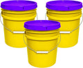MKS Plastics 5-Gallon Bucket with Airtight Lid – Made in USA, Food Grade BPA Free Plastic, Heavy Duty Multi-Use, Metal Handle with Grip, Stackable Storage – Yellow, 3 Pack