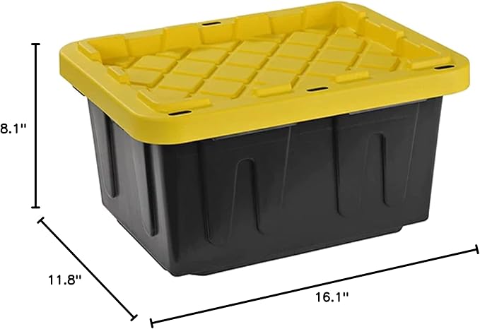 Juggernaut Storage Multipurpose 5 Gallon Lockable Plastic Storage Tote with Secure Snap Fitting Lid for Home Organization, Black/Yellow (Set of 2)