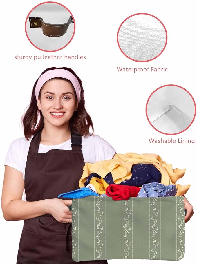 Green Flower Branch Storage Bins Cubes Waterproof Cloth Storage Basket, Spring Summer Farmhouse Botanical Foldable Storage Bags for Shelf Closet Clothes Organizers with Handles 15x11x9.5 in 1PCS