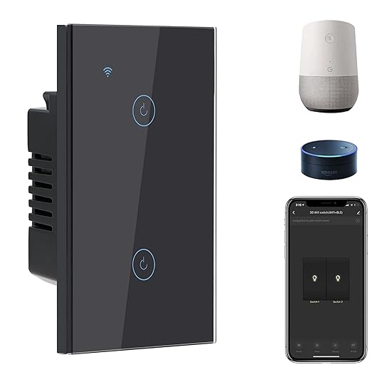 BSEED Smart Light Switch,2 Gang WiFi Touch Switch with Smart Life APP Control and Timing Function,Black Single Pole Switches Work with Amazon Alexa,Google Assistant -(3 Way) Multi-Control Association