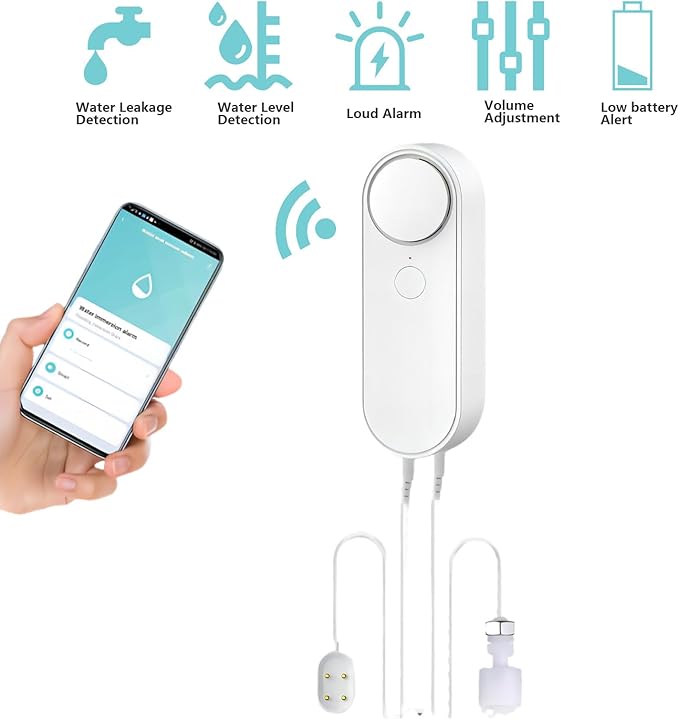Mengshen WiFi Water Leak & Water Level Detector, 2-in-1 Tuya Smart Sensor Alarm Loud Volume APP Alert Monitoring with 6.5 Feet Detection Line for Swimming Pool Fish Tank Aquarium