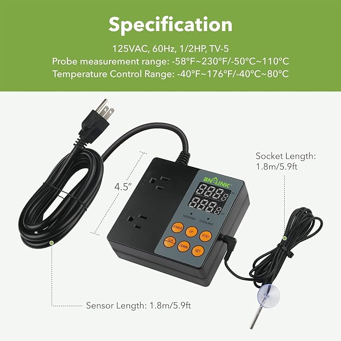 BN-LINK Digital Temperature Controller Heating Cooling 2-Stage Outlet Thermostat Controller Plug for Reptiles Aquarium Carboy Homebrew Breeding Fermenter Seed Germination °C/°F -40-176°F 15A/1875W