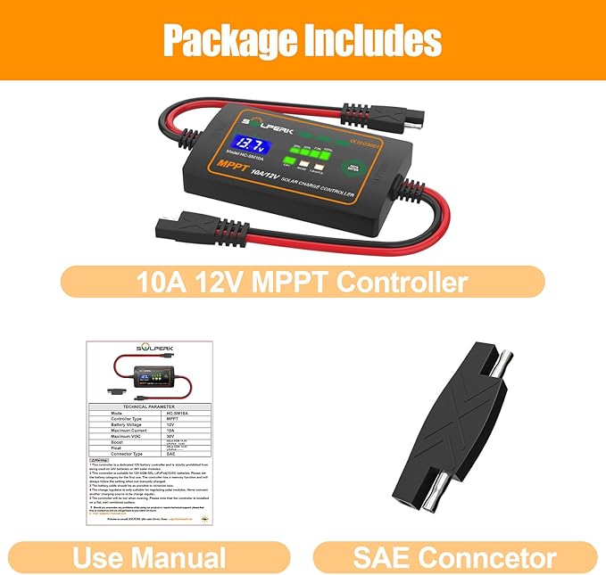 SOLPERK 10A 12V MPPT Solar Charge Controller with LCD Display, Intelligent Solar Panel Controller Portable Solar Panel Regulator for Gel AGM Lead-Acid Lithium LiFePO4 Battery