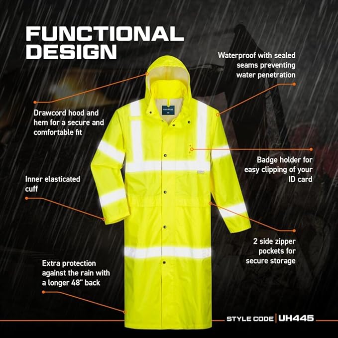 Portwest UH445 Men's Classic Raincoat Waterproof Hi Vis Reflective Long Rain Jacket ANSI Class 3 Yellow