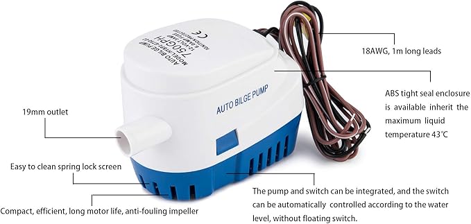 Dontmiss Automatic Submersible small Boat Bilge Pump 12v 750gph Auto with Float Switch，Snap-Off Strainer 3/4 inch (19mm) Outlet Dia, bilge pumps for boats, Ponds, Pools, Caravan RV