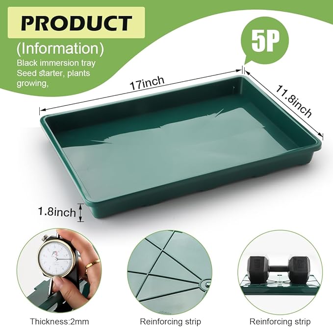 RooTrimmer 5 Pack Seed Starter Trays (17"x11"x2"), Plastic Flat Nursery Pots Trays, Durable Carrying Seedling Starter Tray, Reusable Tray for Planting and Collecting Drainage Water (Green)