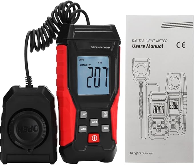 Digital Lux Meter Light Meter Illuminance Meter 200000LUX Wide Measurement Range Lux Meter with Auto Select, Max/Min Reading, LUX/FC Options Photometer Light Measurement Tool for indoor Outdoor Plants