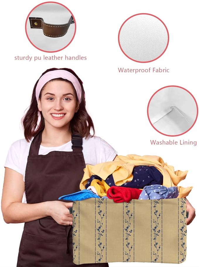 Khaki Flower Branch Storage Bins Cubes Waterproof Cloth Storage Basket, Spring Summer Farmhouse Botanical Foldable Storage Bags for Shelf Closet Clothes Organizers with Handles 15x11x9.5 in 1PCS