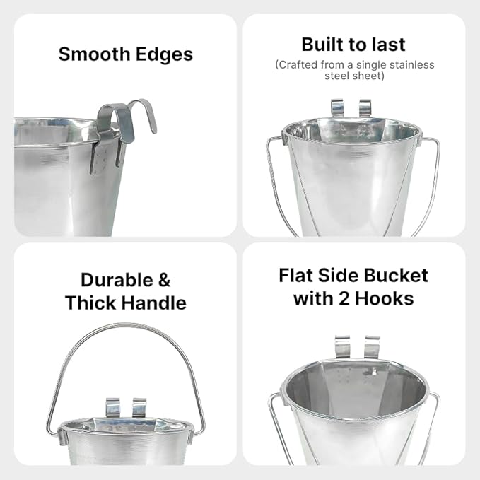 1 Gallon Stainless Steel Bucket - Heavy Duty Flat-Side Metal Bucket for Pets & Livestock Feeding - Rust Resistant Water Bucket with Hooks for Kennels, Cages, Crates & Fences - 4 Quart