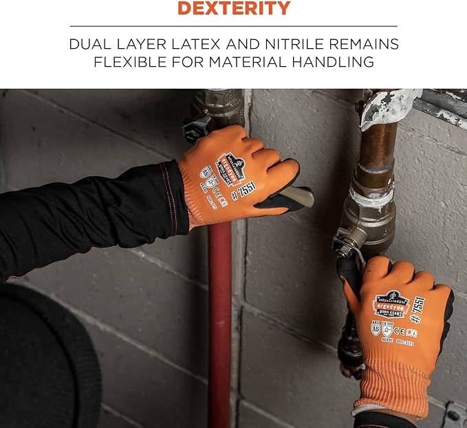 Ergodyne ProFlex 7551 Waterproof Winter Work Gloves, Cut Resistant ANSI A5, Sandy Nitrile Coated Palms, Thermal Fleece Lining, 12-Pack