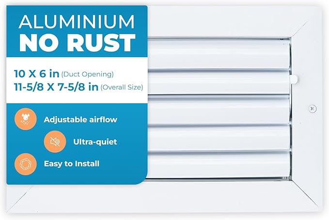 Aluminum 10 x 6 in (Duct Opening) 1-Way Air Duct Register Vent Cover for Ceiling and Wall - Modern HVAC Louver Vent Cover Adjustable – Durable Rustproof Wall Grille – Overall Size 11-5/8 x 7-5/8 Inch