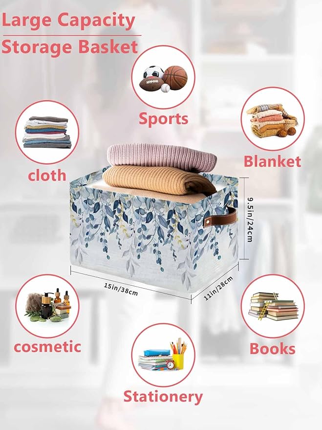 Navy Blue Eucalyptus Leaves Storage Bins Cubes Waterproof Cloth Storage Basket,Retro Country Leaf Botanical Foldable Storage Bags for Shelf Clothes Storages Organizers with Handles 15x11x9.5 in 1PCS