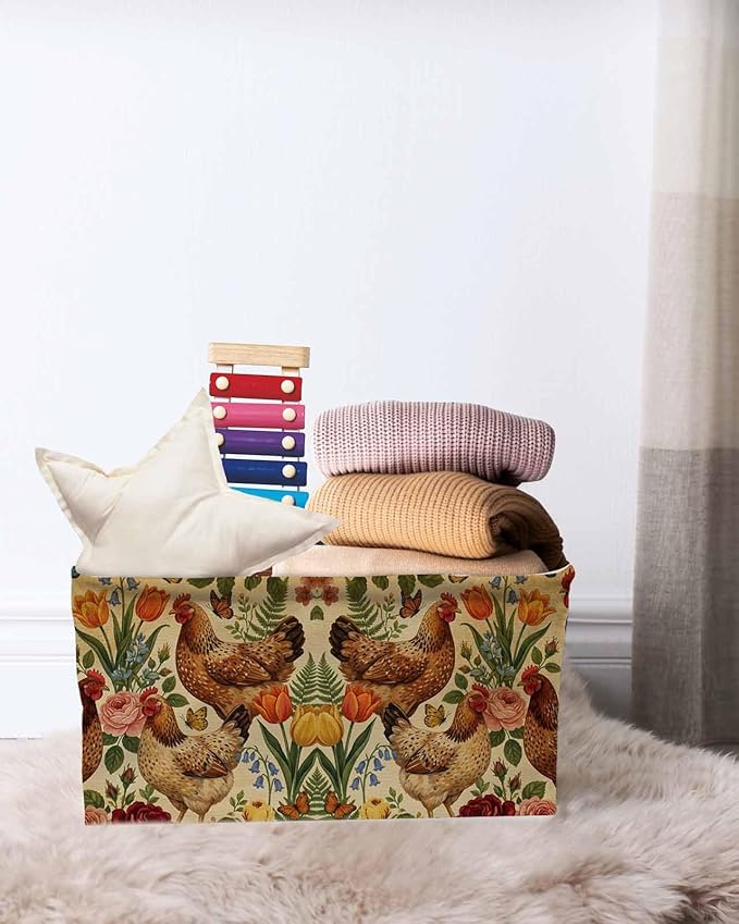 Tan Rooster Floral Storage Bins Cubes Waterproof Cloth Storage Basket, Farmhouse Spring Flowers Butterflies Foldable Storage Bags for Shelf Closet Clothes Organizers with Handles 15x11x9.5 in 1PCS