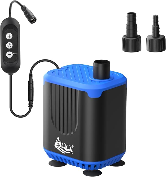 AQQA DC Aquarium Water Pump with Controller,4 Flow Adjustable,Feed Mode,IP68 Submersible Quiet Fish Tank Pump,3 Nozzles for Pond Fountain Statuary Hydroponics Freshwater Saltwater 15W 110V-240V