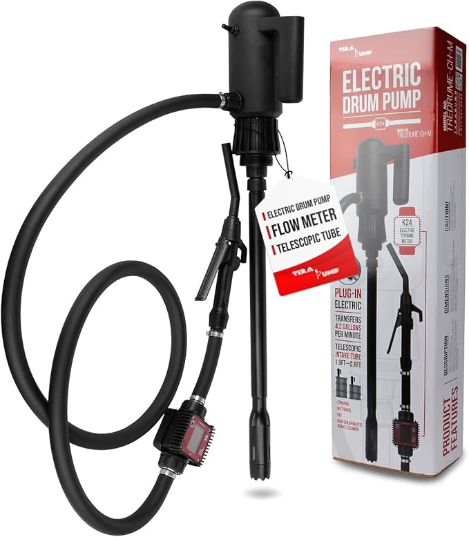 TERA PUMP TREDRUME-CH-M Telescopic Chemical Pump - Electric 55 Gal Drum Barrel Pump with Flow Meter/Ethanol/Methanol/DEF/Water (Transfer up to 4.2 GPM)