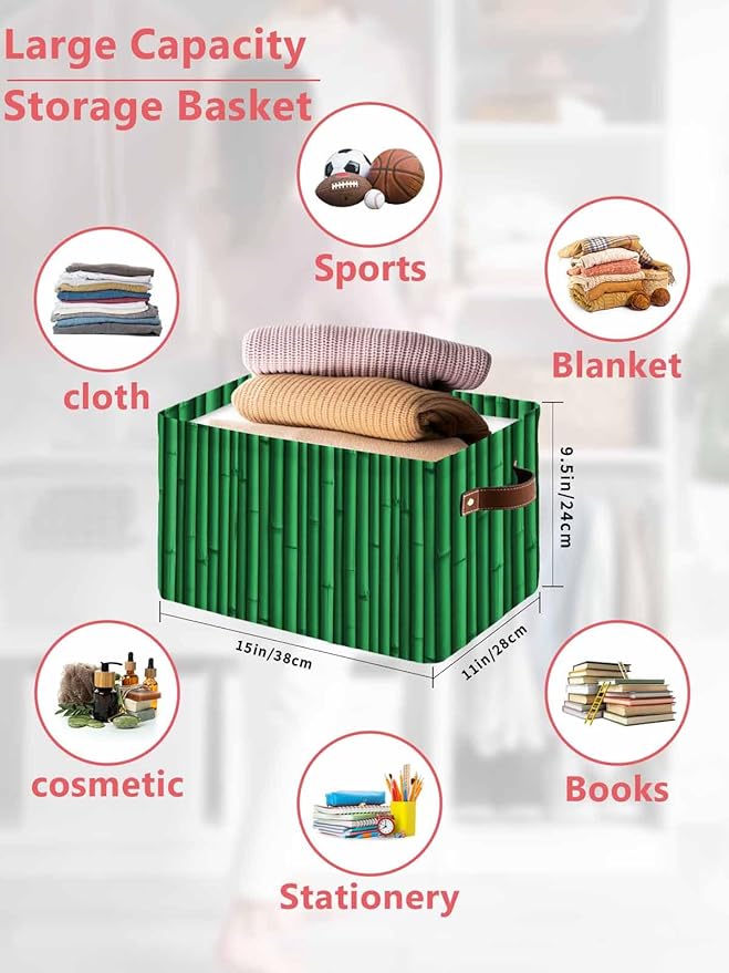 Retro Green Storage Bins Cubes Waterproof Cloth Storage Basket,Vintage Rustic Plants Trees Lines Pattern Foldable Storage Bags for Shelf Clothes Storages Organizers with Handles 15x11x9.5 in 1PCS