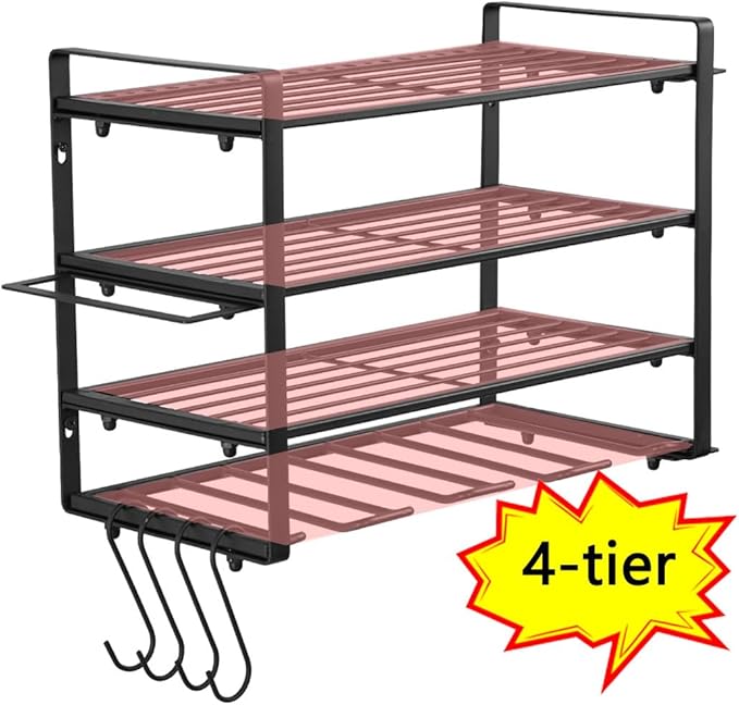 Power Tool Organizer, 4 Layers Heavy Duty Metal Tool Shelf, Drill Holder Wall Mount, Utility Storage Rack for Cordless Drill Charging Station Screwdriver, black