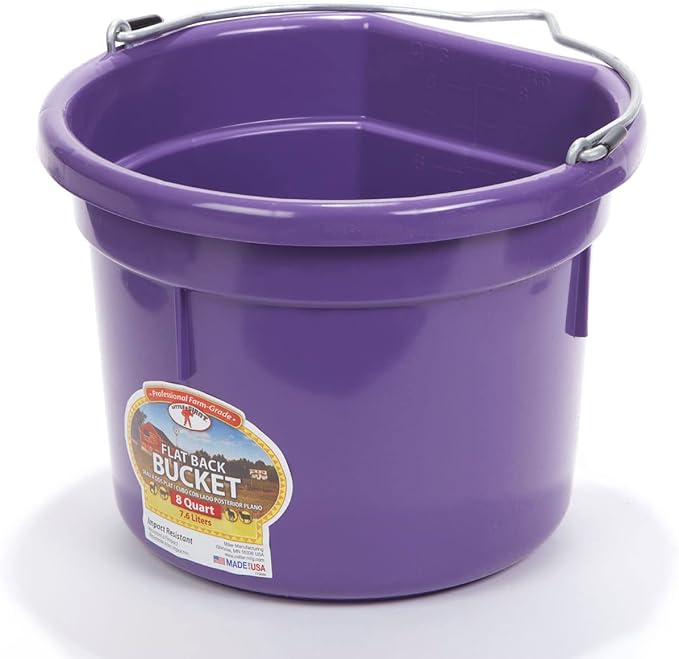 Little Giant® Flat Back Plastic Animal Feed Bucket | Animal Feed Bucket with Metal Handle | Horse Stall Feeding and Watering Supplies (Purple, 8 Quart)