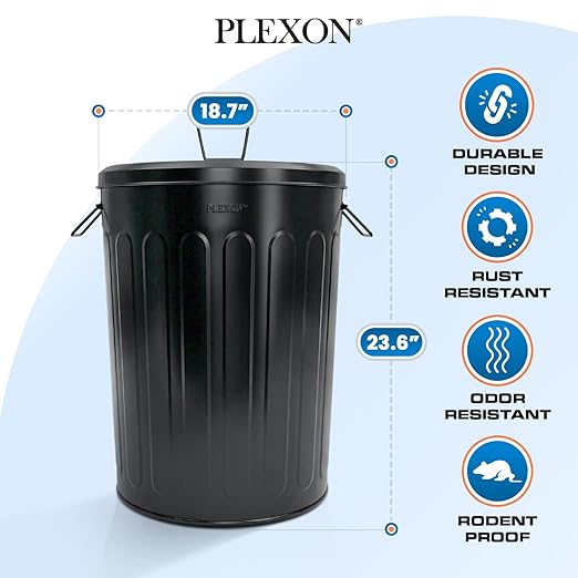 Plexon 20 Gallon Metal Trash Can with Lid Outdoor Large Trash Bin Steel Garbage Can for Garage Patio Farmhouse Bucket Bird Seed Storage Can Heavy Duty Round Container, Black