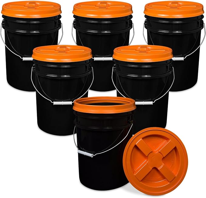 ePackageSupply 5 Gallon Bucket - Food Grade Bucket with Airtight Gamma Seal Screw-On Lid, BPA-Free, Heavy-Duty 90 Mil HDPE Plastic, Bulk Storage, Durable Container, Made in USA, Black/Orange, 6 Packs