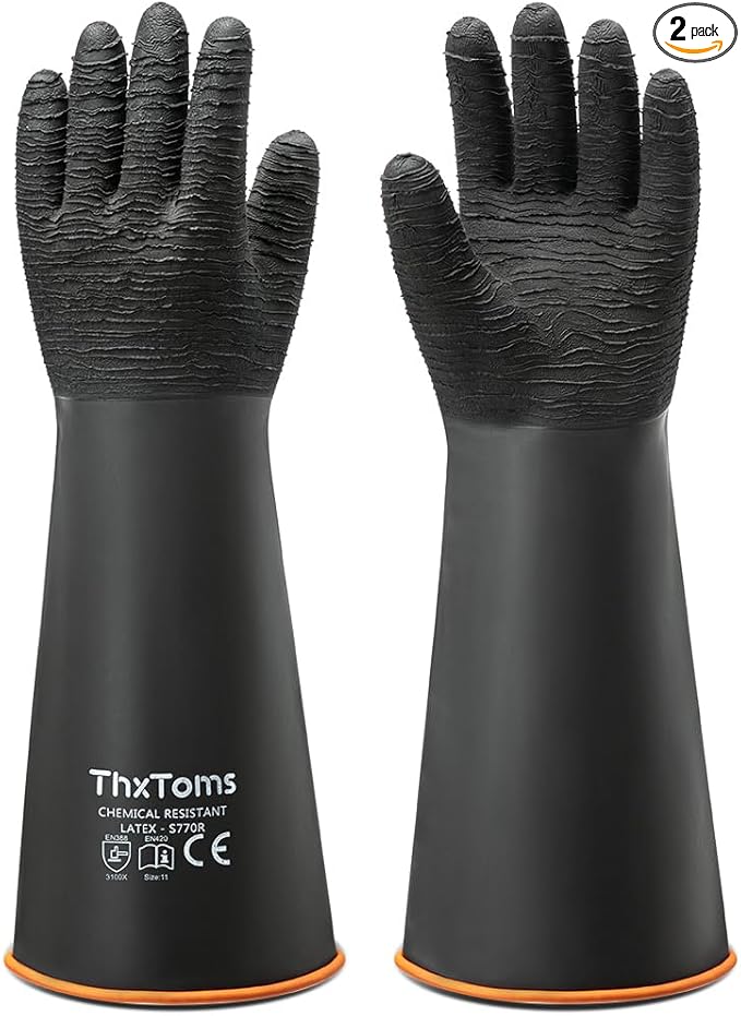 ThxToms Heavy Duty Rubber Gloves, Industrial Chemical Resistant Gloves Waterproof Reusable Protective Work Gloves for Cleaning, Dishwashing,Upgraded with Non-Slip Design, Black, 18" 1 Pair
