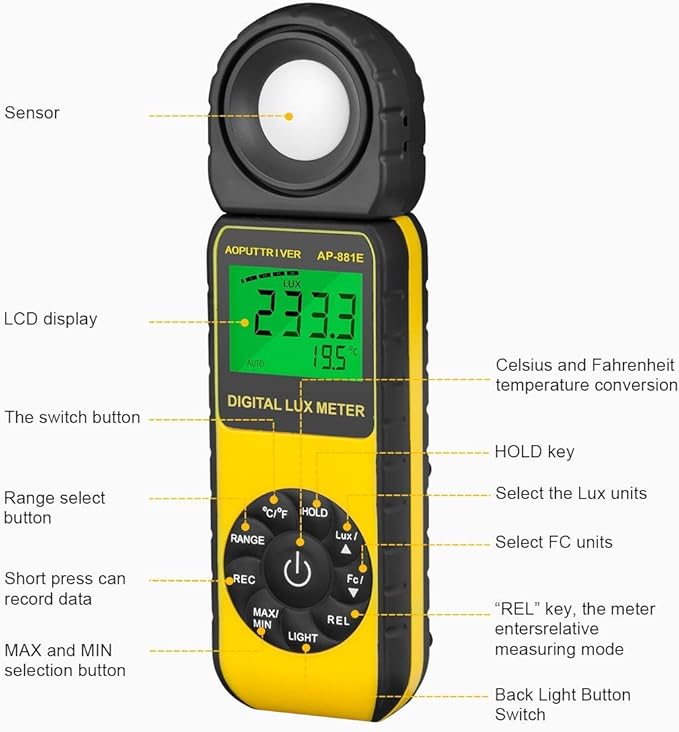 Digital Light Meter,Illuminance Meter Range up to 300,000 Lux Handheld Ambient Temperature 270ºDegree Rotatable Detector/0.4 Second Response
