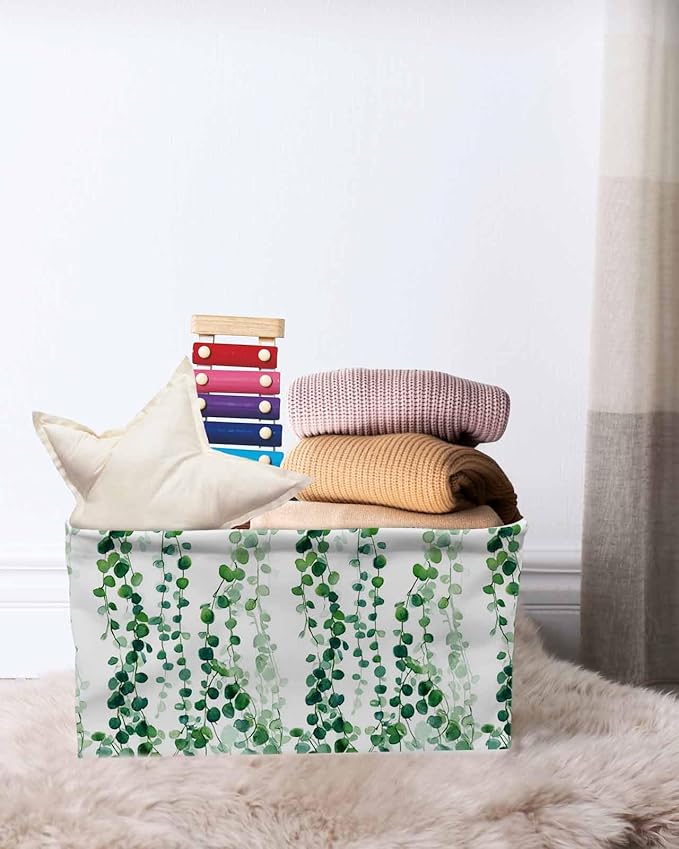 Green Weeping Eucalyptus Storage Bins Cubes Waterproof Cloth Storage Basket,Spring Summer Country Leaves Foldable Storage Bags for Shelf Clothes Storages Organizers with Handles 15x11x9.5 in 2PCS