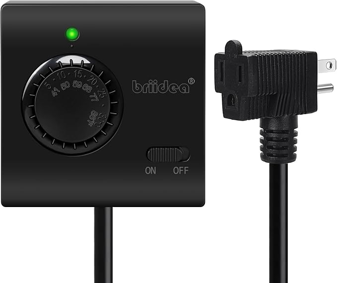 Adjustable Thermostat, Briidea Plug in Heating & Cooling Thermostat with LED Indicator, Compatible with Space Heater, Window Air Conditioners, Fans, Ideal for Household, Reptile, Greenhouse, Black