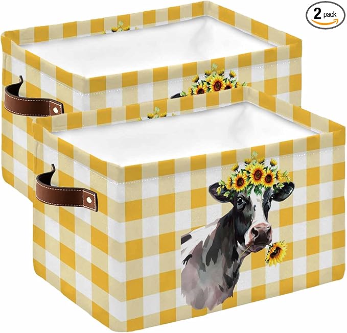 Sunflowers Cow Storage Bins Cubes Waterproof Cloth Storage Basket, Farm Animal Yellow Buffalo Plaid Foldable Storage Bags for Shelf Closet Clothes Storages Organizers with Handles 15x11x9.5 in 2PCS