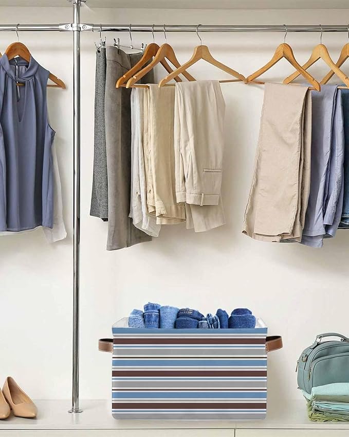 Blue Brown Striped Storage Bins Cubes Waterproof Cloth Storage Basket,Farmhouse Stripes Modern Abstract Art Foldable Storage Bags for Shelf Clothes Storages Organizers with Handles 15x11x9.5 in 1PCS