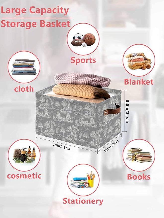 Tiger Leopard Storage Bins Cubes Waterproof Cloth Storage Basket, Grey Rustic Forest Trees Farmhouse Animals Foldable Storage Bags for Shelf Closet Clothes Organizers with Handles 15x11x9.5 in 1PCS