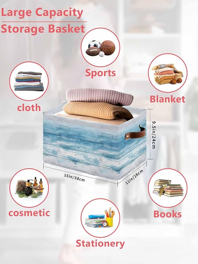Summer Blue Ocean Storage Bins Cubes Waterproof Cloth Storage Basket, Farmhouse Wooden Grain Modern Art Foldable Storage Bags for Shelf Closet Clothes Organizers with Handles 15x11x9.5 in 1PCS