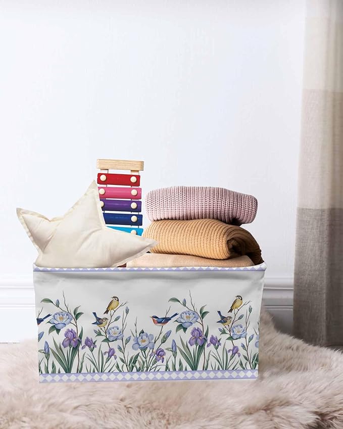 Spring Flowers Storage Bins Cubes Waterproof Cloth Storage Basket,Vintage Blue Floral Leaves Birds Rustic Plants Foldable Storage Bags for Shelf Storages Organizers with Handles 15x11x9.5 in 1PCS