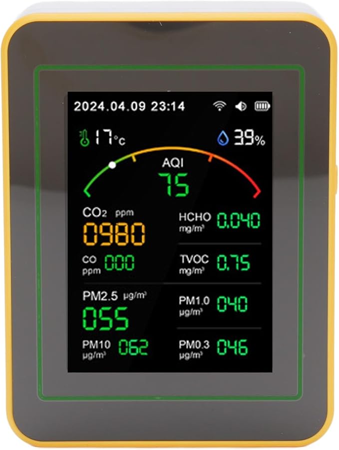Eujgoov Air Quality Detector, 15 in 1 WiFi APP Control CO2 HCHO TVOC PM2.5 PM10 Temperature Humidity Monitor, with Smart Timer and Real Time Data, for Indoor Air Quality Tester (White Yellow)