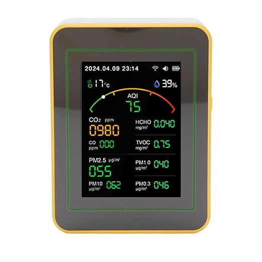Air Quality Detector, 15 in 1 WiFi APP Control CO2 HCHO TVOC PM2.5 PM10 Monitor, Humidity Temperature Detector with Smart Timer & Curve Recording, Ideal for Indoor Air Quality (White Yellow)