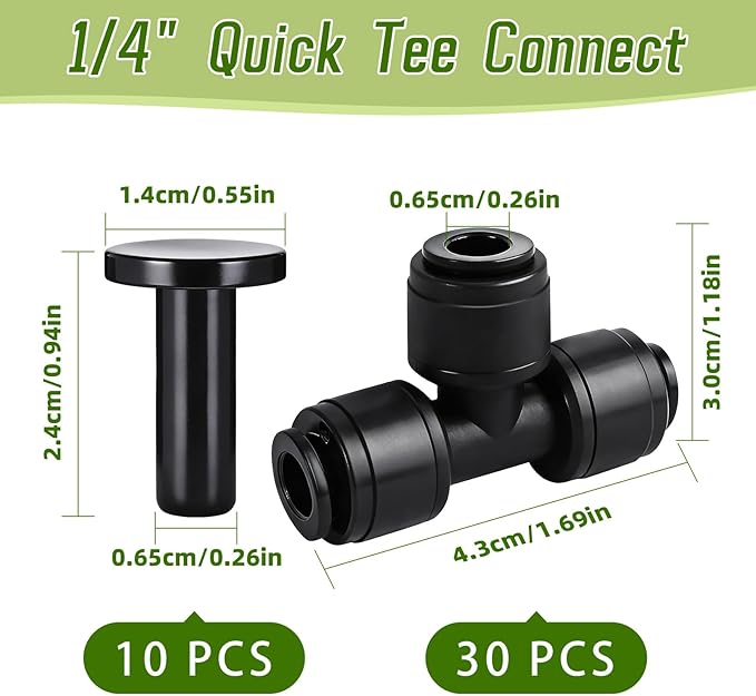 30 Pcs Quick Connect 1/4" Drip Irrigation Tee Fittings, Push-to-Connect Drip Irrigation Tee Connectors for 1/4 Inch Irrigation Tubing with 10Pcs End Plugs,Hose Connectors for Garden Irrigation System