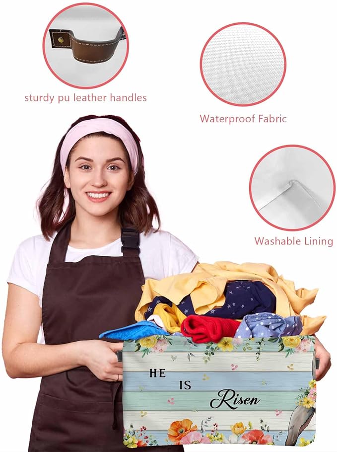 Easter Storage Bins Cubes Waterproof Cloth Storage Basket,Spring Farmhouse Bunny Flower Teal Blue Wood Grain Foldable Storage Bags for Shelf Clothes Storages Organizers with Handles 15x11x9.5 in 1PCS