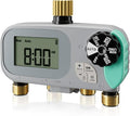 QUOBAS Sprinkler Timer for Garden Hose with Child Lock, Programmable Brass Digital Water Timer 4 Zone for Drip Irrigation, Pool, with Rain Delay/Auto/Manual, Waterproof Screen & Battery Powered
