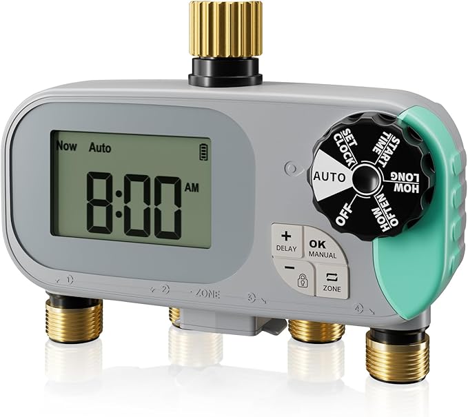 QUOBAS Sprinkler Timer for Garden Hose with Child Lock, Programmable Brass Digital Water Timer 4 Zone for Drip Irrigation, Pool, with Rain Delay/Auto/Manual, Waterproof Screen & Battery Powered
