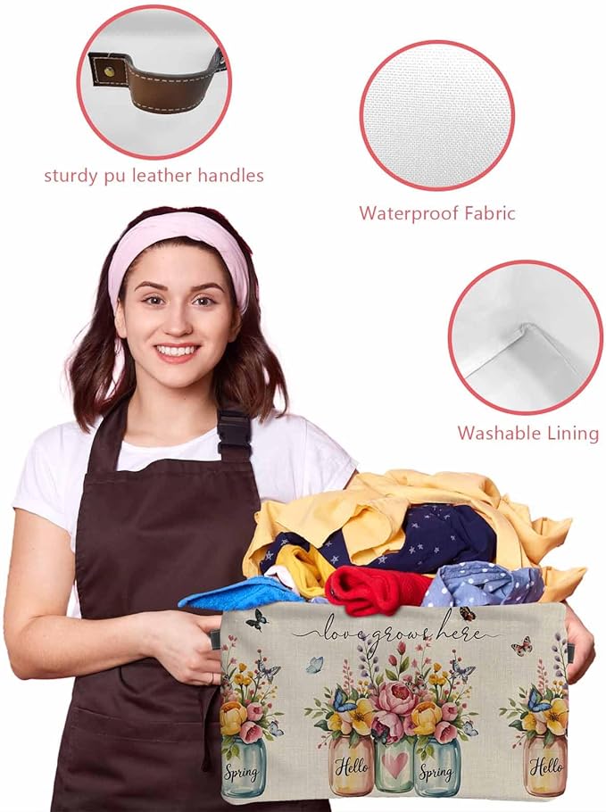 Farmhouse Flowers Storage Bins Cubes Waterproof Cloth Storage Basket,Spring Watercolor Floral Leaf on Linen Foldable Storage Bags for Shelf Clothes Storages Organizers with Handles 15x11x9.5 in 2PCS