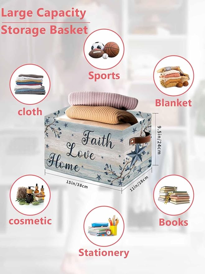 Vintage Farmhouse Storage Bins Cubes Waterproof Cloth Storage Basket,Blue Country Texas Star Vines Wooden Foldable Storage Bags for Shelf Clothes Storages Organizers with Handles 15x11x9.5 in 2PCS