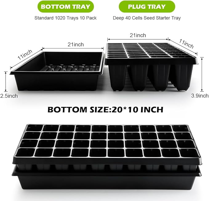RooTrimmer 10 Pack 1020 Seed Starter Trays and 10 Pcs 40 Cell Plug Trays, Thick Durable Seedling Plastic Nursery Tray for TD542 1020 Tray Germination (10 Sets)