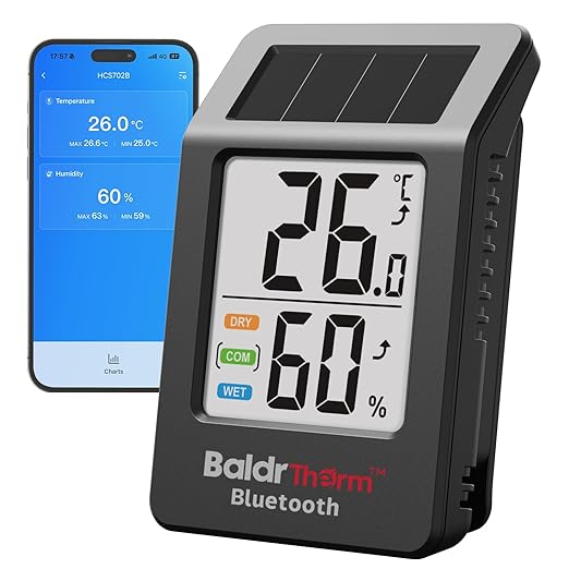 BaldrTherm Bluetooth Thermometer Wireless, Smart Thermometer with App Control, 200ft Coverage, Offline Storage, Trend Charts, Real-Time Alerts for Home, Pet Cage, Indoor/Outdoor Use, Black, 1pack