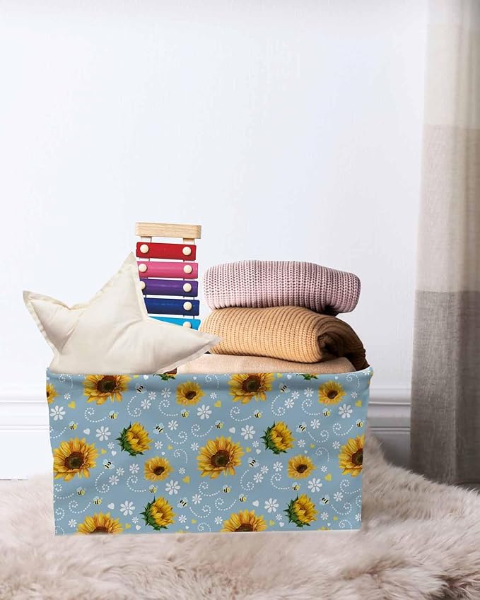 Blue Yellow Sunflower Storage Bins Cubes Waterproof Cloth Storage Basket,Summer Botanical Farmhouse Floral Foldable Storage Bags for Shelf Clothes Storages Organizers with Handles 15x11x9.5 in 2PCS